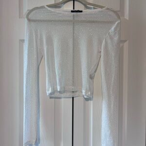 Sheer glittery White Long Sleeve Cropped Women's Top